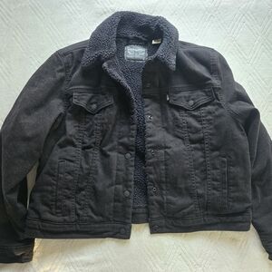 Levi Sherpa Trucker Jacket Black Denim Womens XL